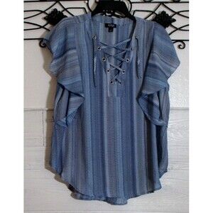 a.n.a Women's Top Size L Short Sleeve Multicolored Striped V Neck